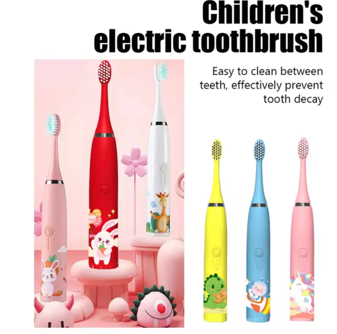 Kids Sonic Electric Toothbrush Rechargeable Colorful Cartoon Children Brush Automatic USB IPX7 Waterproof With Replacement Heads